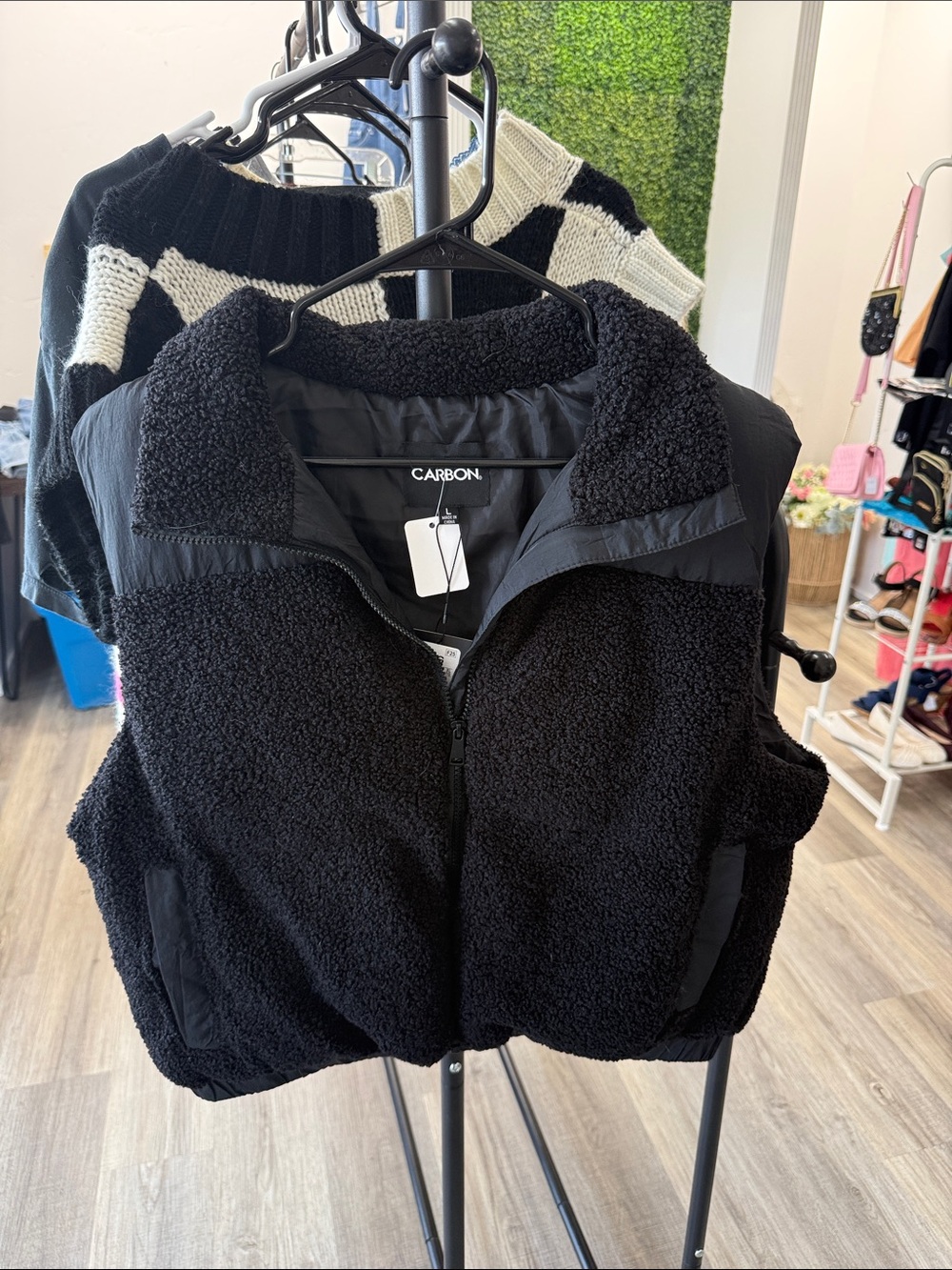 Carbon Black Sherpa Zip Vest with Stand Collar
